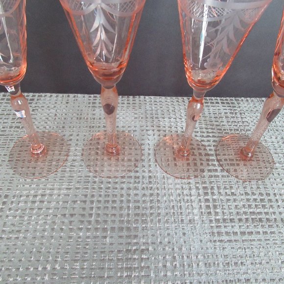 Vintage Crystal Pink Beveled Etched Wine Glasses Set of 4 - 7" Tall - Picture 2 of 14